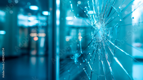 Closeup of shattered glass in office building,vandalism or accident concept,modern business center interior with clear panoramic window,perfect for security alerts,insurance claims,facility management