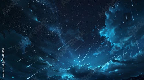 Night sky adorned with shooting stars during a meteor shower, captivating viewers with the beauty of celestial phenomena