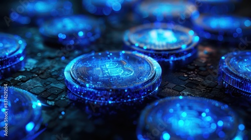 Digital illustration of glowing blue cryptocurrency coins representing blockchain technology and futuristic financial concepts.