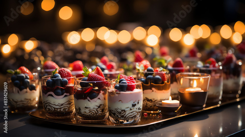 several glass dessert cups on a tray. 