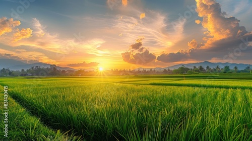 Panoramic view of a rural landscape with rice fields basking in the warm glow of sunset, evoking a sense of tranquility and pastoral beauty