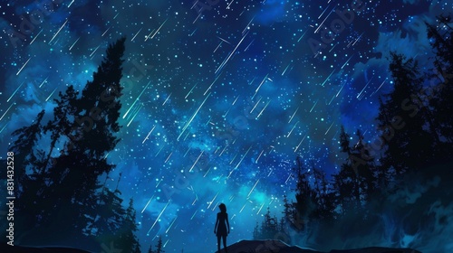 Silhouette of a person gazing up at the rain of shooting stars, awestruck by the magical spectacle in the night sky