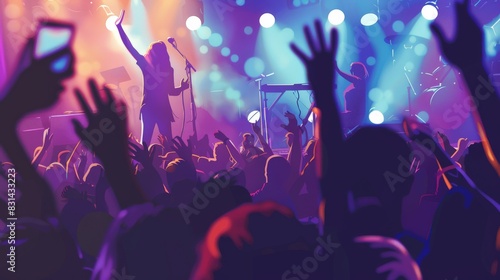 Animated concert crowd with arms raised capturing a singer on stage amidst colorful lights. Symbolizing unity and the thrill of live music festivals.