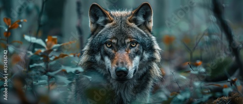 A lone wolf prowls through the dense forest, its piercing eyes captured with unparalleled clarity