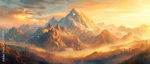 A majestic mountain range, bathed in golden sunlight, showcases the awe-inspiring beauty of nature