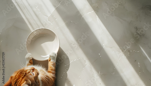 cat asks to eat from an empty bowl against the background of a w