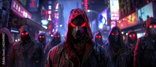Against the backdrop of a vibrant cityscape, a group of rebels stage a daring heist, their faces obscured by sleek, high-tech masks as they move with stealth and precision.