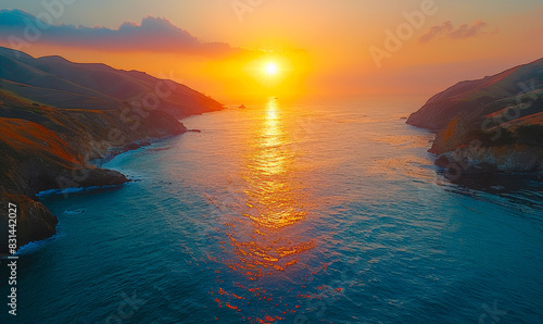 Sunset Over Big Sur Coastal View, California Seaside Serenity, Ocean Landscape Photography, Tranquil Evening, Vibrant Sky Reflection, Natural Beauty, Scenic Travel Destination