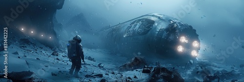 Amidst the wreckage of a downed spacecraft, a lone survivor struggles to repair their damaged vessel before time runs out, their face illuminated by the flickering light of emergency beacons.
