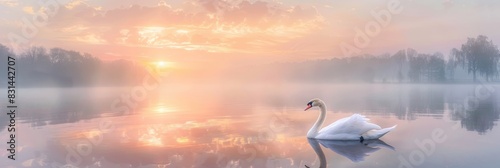 Swan Lake. Artistic Landscape with Graceful Cygnet Floating on Peaceful Lake