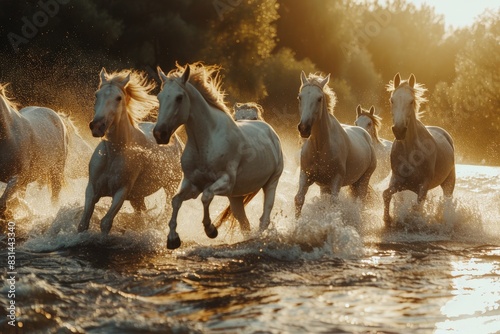 Group of White Horses Running Across River