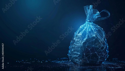 A digital illustration of a polygonal trash bag with glowing network connections, symbolizing futuristic waste management technology.
