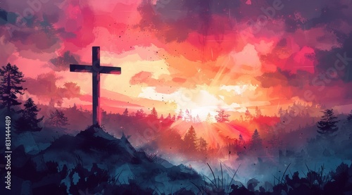 Sunset Hilltop Cross with Light Rays Illustration Vector watercolor style. text Digital corollary 