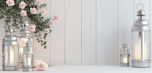 Elegant Eid ul Adha decor with silver lanterns and pastel pink flowers in a minimalist living room with copy space for text