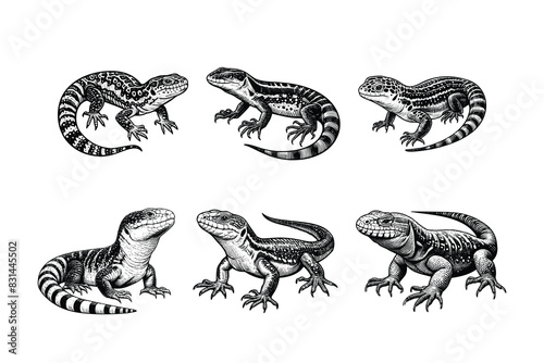 set of lizards illustration. hand drawn black and white lizard line art illustration, isolated white background