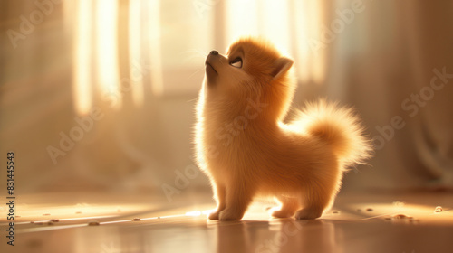 adorable pomeranian puppy looking up in sunlight with fluffy golden fur in warm indoor setting