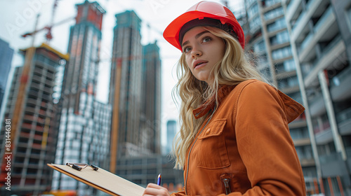 Confident Female Engineer Inspecting Construction Site in Urban Environment