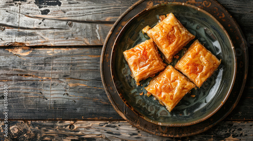 greek baklava with honey and nuts on an antique plate, top view for a traditional dessert presentation
