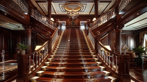 A grand staircase with a classic design, featuring a deep mahogany finish and a handrail inlaid with mother-of-pearl