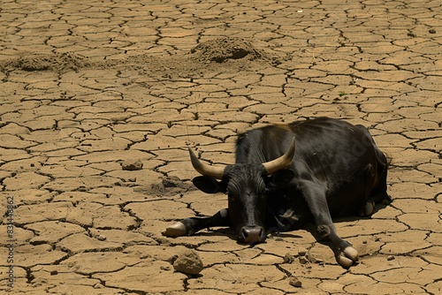 Solitary buffalo rests on parched land, symbolizing wildlife enduring harsh drought conditions