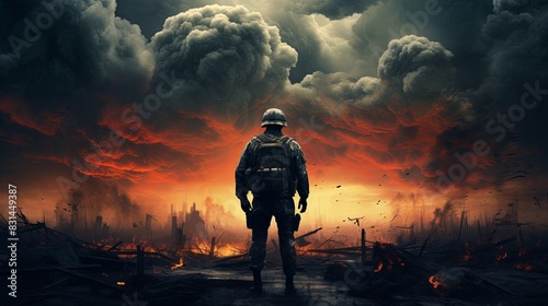 Desolate Soldier Amid Nuclear Fallout - Haunting Digital Painting with Copy Space Above