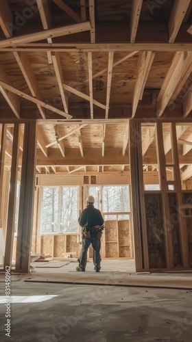 The intricate wooden framing of an unfinished building interior is visible, with support beams, studs, and joists creating a complex network of structural elements.