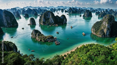 Boats sail among limestone islands in Halong Bay, Vietnam, under blue skies with scattered clouds