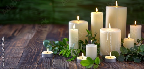 Simple Eid ul Adha celebration with white candles and green foliage on a wooden table with copy space for text