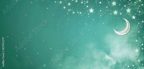 Subtle Eid ul Adha night scene with white stars and crescent moon on a teal background with copy space for text