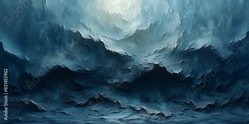 Painting of an abstract stormy sea with dramatic sky, portraying intense emotion and movement