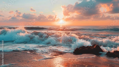 The image is of a beach at sunset. The sun is setting over the ocean, and the waves are crashing on the shore. 
