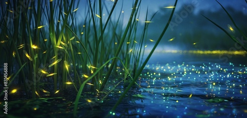 The soft glow of fireflies dancing among the reeds of a tranquil marshland, their bioluminescent light painting the night with an enchanting aura of magic and wonder. 