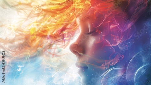 Mystical iridescent image of a woman, featuring radiant colors and a spectral presence