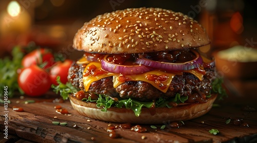 Savor the Exquisite D Cartoon Gourmet Burger with Blue Cheese and Caramelized Onions