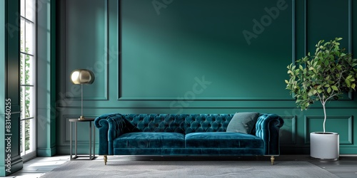 Interior, A modern living room with a blue velvet sofa and emerald green wall, black side table with a lamp, luxurious decor.