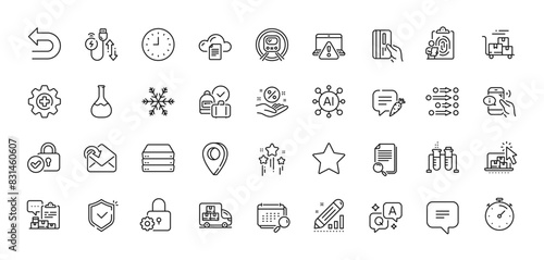 Fingerprint, Delivery cart and File storage line icons pack. AI, Question and Answer, Map pin icons. Chemistry lab, Online warning, Text message web icon. Vector