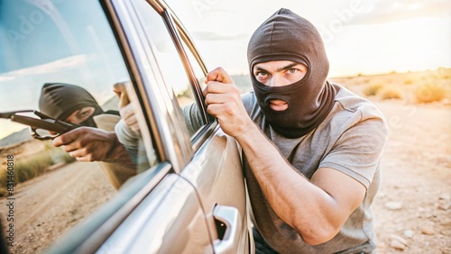 Closeup of Thief in Mask Trying to Break Car Lock