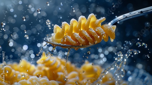 Food photography, vibrant fusilli pasta with water splash, dynamic and captivating, set against a dark background.