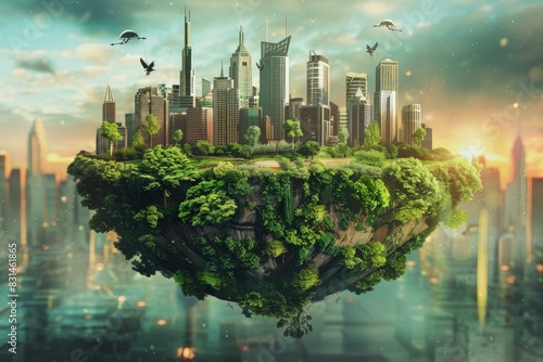 Surreal landscape of a green floating city island against a dramatic sky