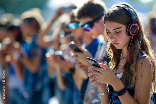 A teenage girl with headphones absorbed in looking at her phone amidst a crowd. Concept of youth and addiction to electronic devices