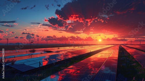 A symphony of colors as the sun sets behind a horizon lined with rows of solar panels, casting a warm glow across the landscape as they continue to soak up its energy.