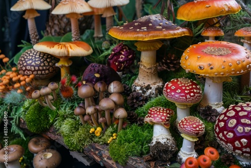 Colorful and diverse assortment of mushrooms set against a lush moss background
