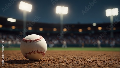 Baseball on mound with blurred stadium background.