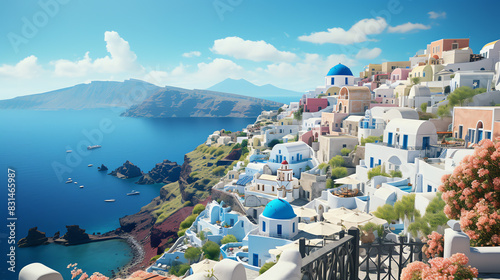 A seaside town on a cliff overlooking the Mediterranean Sea with whitewashed buildings and blue-domed churches.