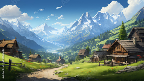 A mountain valley with a village of wooden houses with brown rooftops.
