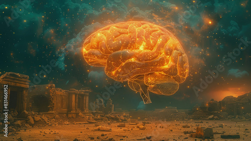 3D brain model in ruins, featuring a prehistoric aesthetic with antique artifact colors and intricate neural pathways