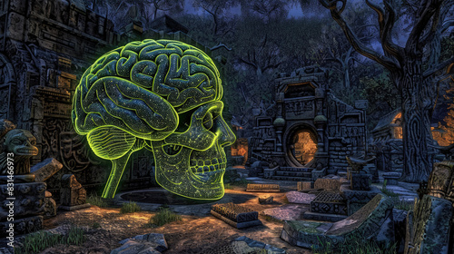 3D brain model in ruins, featuring a prehistoric aesthetic with antique artifact colors and intricate neural pathways
