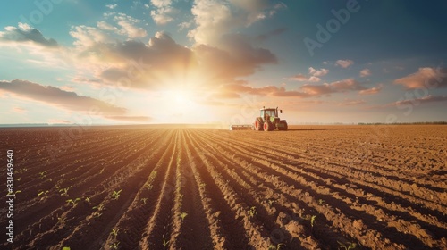 A tractor plows an expansive field under a vibrant sunset sky, creating evenly spaced furrows for planting.