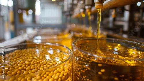 Soybeans are processed into oil in a modern facility with clear containers, highlighting the golden liquid being extracted.