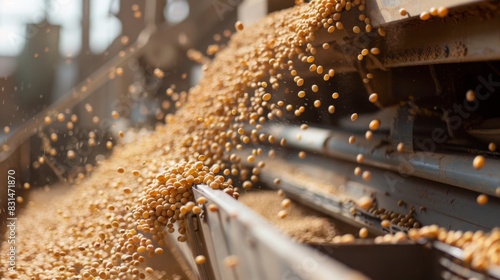 Soybeans are shown moving along a conveyor belt in an agricultural facility, capturing the dynamic flow of the grains.